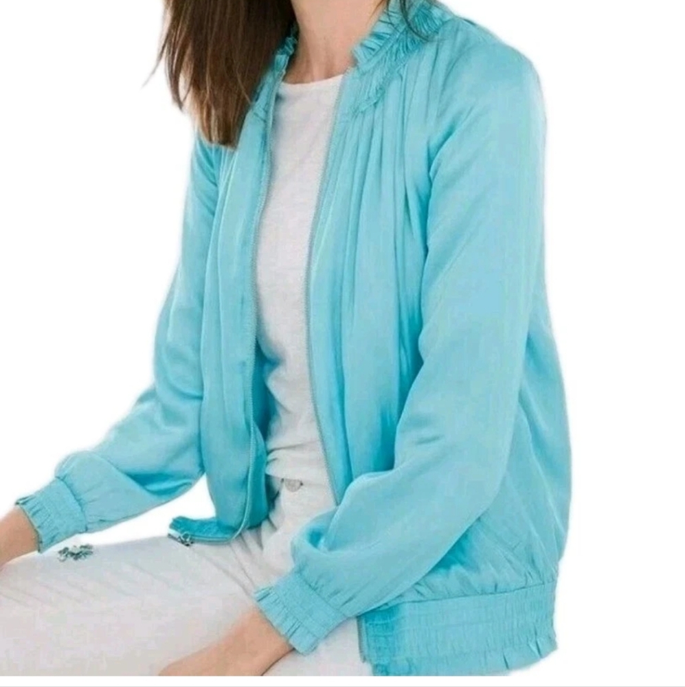 Chico's 2 Shirred Satin Bomber Jacket Sz 12 Clear Aqua Blue Ruffled Zip Up Nwt
